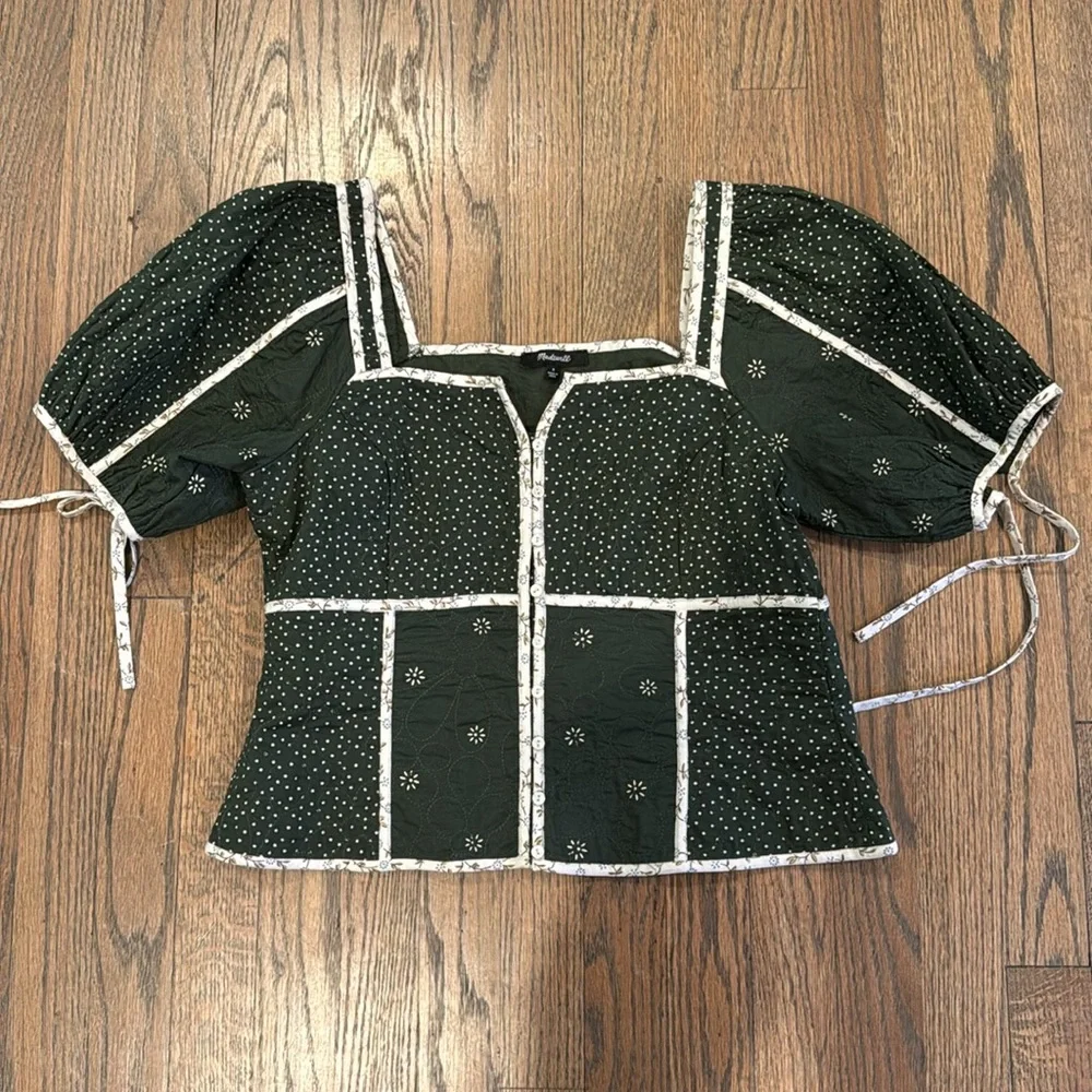 Madewell Dark Green Puff Sleeve Peasant Top with Cream Trim - Picture 3 of 4